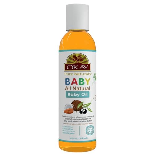 Image of Okay Pure Naturals Baby Oil - Baby Oil for Newborn, For Dry Skin, Scalp, Bath, Shower, with Jojoba, Coconut, Almond & Olive, Unscented, Fragrance Free - 4 Fl Oz (Pack of 1)