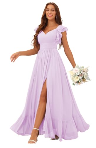 Image of Clothfun Ruffle Sleeve Elegant Bridesmaid Dresses Long Chiffon Formal Dress CYN007