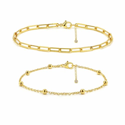 Pancert Gold Layered Paperclip Bead Bracelet for Women 14K Gold Plated Lightweight Chain Bracelets Layering Paperclip Bead Bracelet Charm Bracelet Minimalist Handmade Jewelry Gift