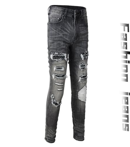 Jeans Pants Trousers Denim Men Stretch Slim Fit Street Trendy Piercing Worn Hole Hairy Retro Set Zircon Shining Casual Small Leg(Grey,31)2
