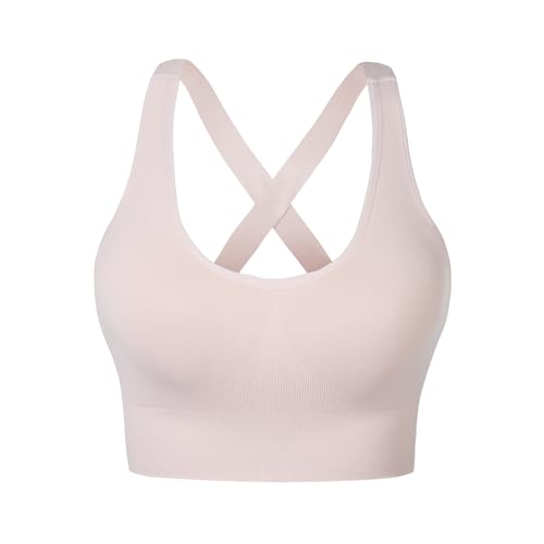 Nabawa Sports Bra for Women Unpadded Medium Support Criss Cross Back Strappy Sports Bras Seamless High Impact Yoga Workout Bra Gym Activewear Top,Pink