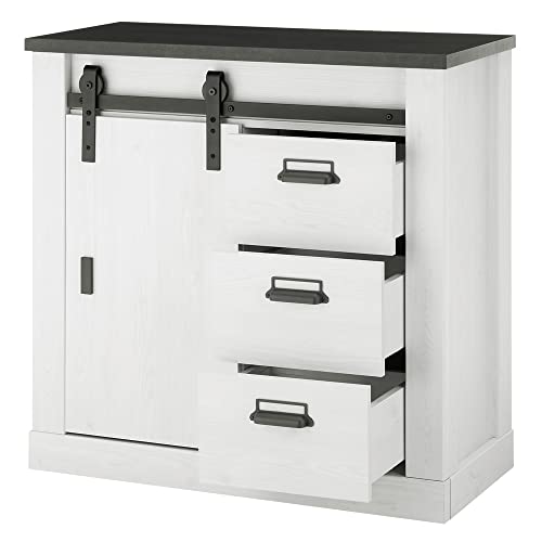 Lomadox Wohnwand TV-Wand Pinie weiß Nb. mit anthrazit 4-teilig Landhausstil, TV-Lowboard, Wandboard, Kommode, Vitrinenschrank, inkl. LED-Beleuchtung – Bild 4