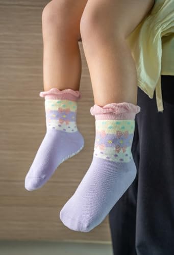RATIVE Non Skid Anti Slip Cotton Dress Crew Socks With Grips For Baby Infant Toddler Kids Girls