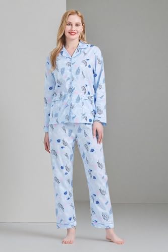 Image of GLOBAL Women Cotton Pajamas Long Sleeve PJs Button Down Sleepwear S-3XL