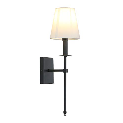 Permo Single Classic Rustic Industrial Wall Sconce Lighting Fixture with Flared White Textile Lamp Shade and Black Tapered Column Stand