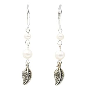 Feliss Oorbellen voor dames – hangende oorbellen 50 mm, met echte zoetwaterparels + blad hanger en Swarovski-kristal, zilver – cadeau voor vrouwen oorstekers, hangende creolen stekers