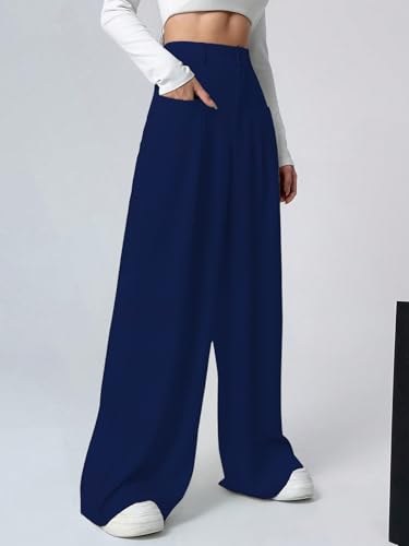 Image of Shasmi Women's Loose Mid Rise Solid, Pleated Trousers, Wide Leg Pocket Casual Long Korean Trousers Pant (146)