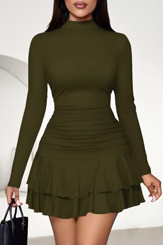 PRETTYGARDEN Women's Y2K Ruffle Layered Bodycon Mini Dress | Long Sleeve Mock Neck Ruched A-Line Fall Clothes 2026,Ribbed Knit Party Wedding Guest Cocktail Dresses,Winter Vacation Outfit - image 6
