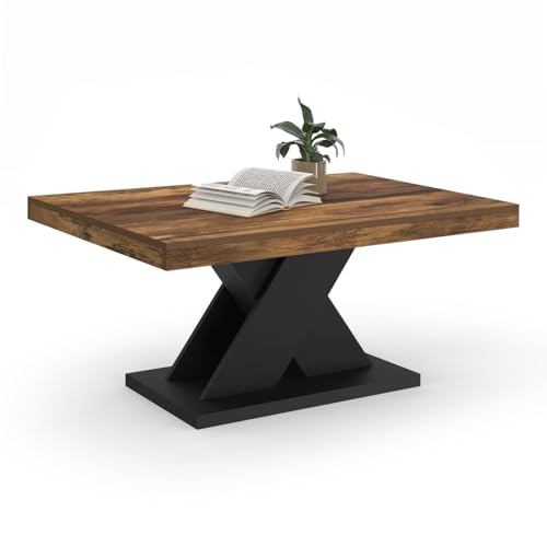 IDMarket Alicia - Mesa baja rectangular con bandeja de madera envejecida y pie X negro