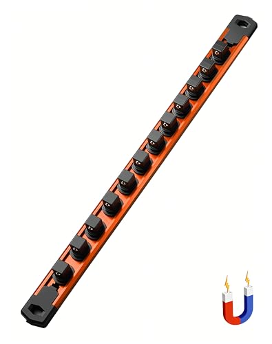 Image of ALOANES 1 /2-Inch Drive Magnetic Socket Organizer, Heavy Duty Aluminum Socket Rail Organizer, 360 Swivel Clips Socket Rail Set For Sockets Storage, 1 /2-Inch Socket Holder x 12 Clips (Orange)