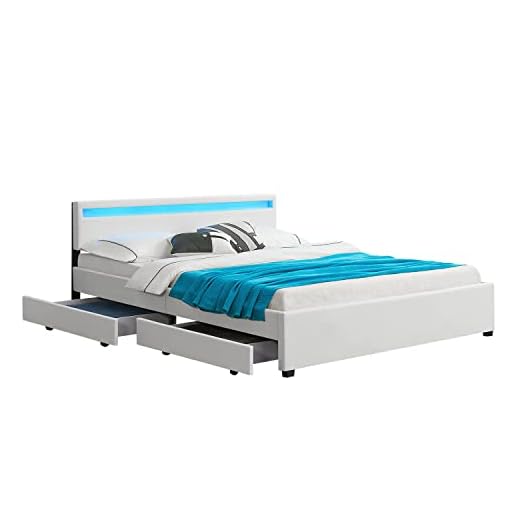 Juskys LED Polsterbett Lyon mit Bettkasten 180 x 200 cm – Bettgestell mit Lattenrost - Kunstleder – weiß – Doppelbett Schlafzimmer Möbel