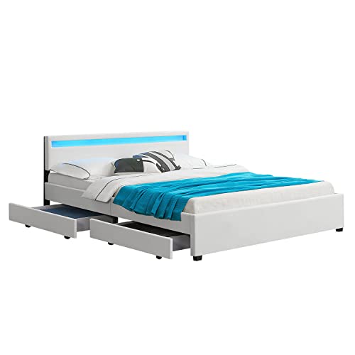 Juskys Polsterbett Lyon 180x200 cm mit Bettkasten, LED Beleuchtung, Lattenrost & Kunstleder, weiß, Bett Bettgestell Doppelbett Ehebett