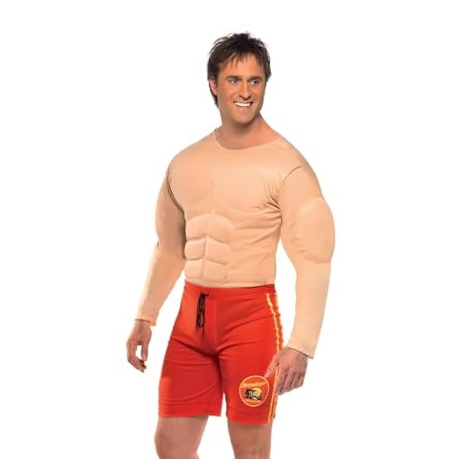 Smiffys Disfraz de vigilante de la playa de Baywatch, Rojo, con músculos en el pecho y bermudas incorporadas Halloween