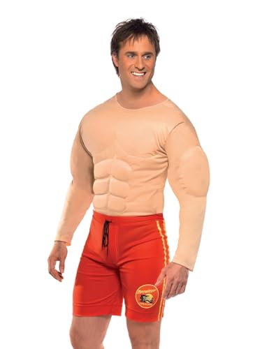 Smiffys Disfraz de vigilante de la playa de Baywatch, Rojo, con músculos en el pecho y bermudas incorporadas