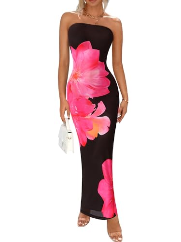 PRETTYGARDEN Women Summer Strapless Maxi Dress Bodycon Floral Sexy Long Wedding Guest Dress Formal Tube Mesh Cocktail Dresses
