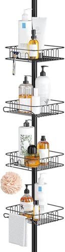 SEIRIONE Rustproof Shower Caddy and Organizer Corner for Bathroom, Tension Pole With 4 Adjustable Baskets for Shower Accessories, 34 to 116 Inch Height, Black