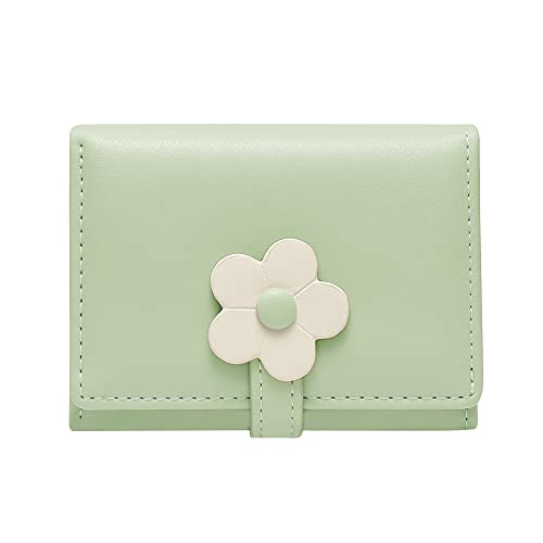 Sunwel Fashion Small Cute Wallet Slim Wallet ID/Photo Window Card Holder with 3D Flower Pattern Buckle for Women Girls (GREEN)