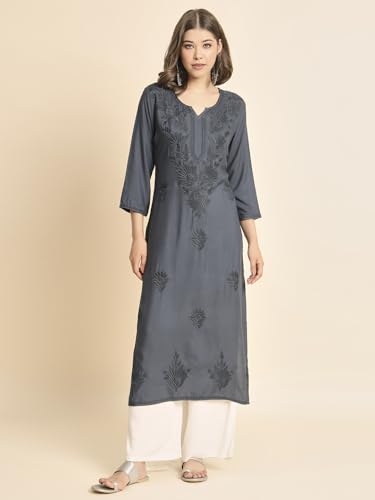 Image of VAIRAGEE Women's Embroidered Lukhnavi Chikankari Work Straight Rayon Ethnic Kurta | Casual Office Kurta for Women