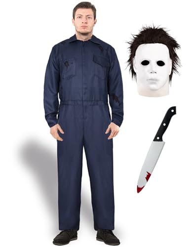 CICOCI Kids/Adult Scary Halloween Costumes Boys Horror Movie Killer Cosplay Blue Jumpsuit with Blood attach mask