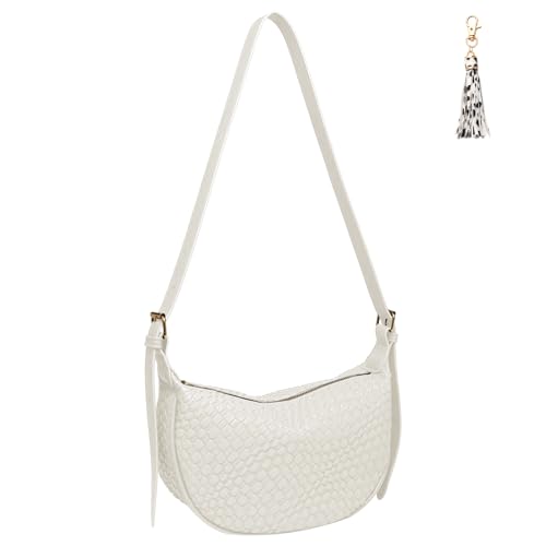 Image of Crescent Crossbody Bags for Women Small Shoulder Bag Woven Hobo Handbag Trendy Vegan Leather Purse with Adjustable Strap White