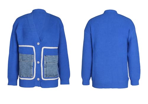 Women's Loose Cardigan Sweaters Button Down V Neck Knit Sweater Streetwear with Denim Pockets Patchwork3