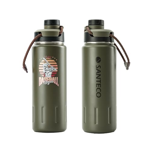 SANTECO 水筒 710ml 野球のパターン スポーツボトル 保温 保冷 真空断熱 魔法瓶 ステンレスボトル ストラップ付き 直飲み 漏れ防止 持ち運び ごくごく飲める設計 スポーツ飲料 山登り 旅行 (オリーブ色)