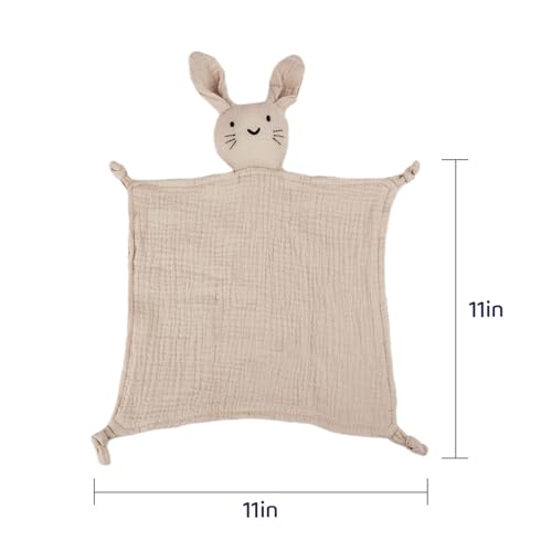 Image of Khaki Bunny Organic Cotton Muslin Lovey Security Blanket for Newborns | Soft & Breathable, Baby Gift for Boys & Girls, Self-Soothing Support, Teething Comfort
