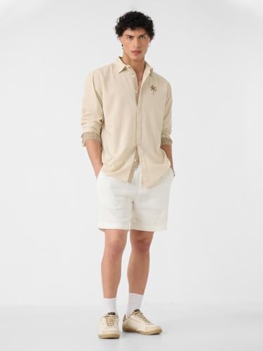 Image of The Souled Store Solid Linen: Beige Color Men and Boys Regular Outdoor Fit Full Sleeve Collared Neck Spread Collar Casual Wear Stylish Comfortable Premium Elegant Cotton Shirts