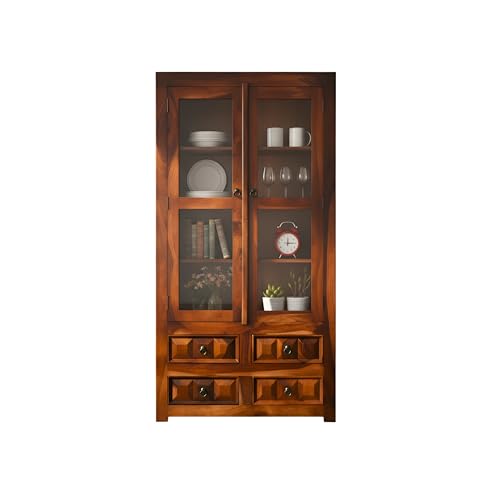 Image of SONA Art & Crafts Wooden Crockery Cabinet with Glass Door | Wooden Book Shelf for Home Library | Bookshelf Crockery Unit for Home & Kitchen Living Room (Natural Brown)