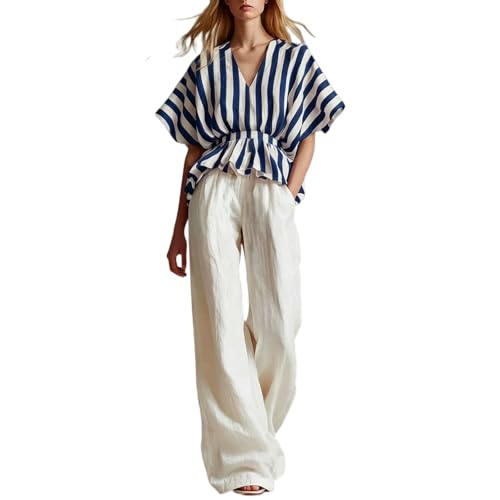 Ensemble chic 2 pièces pour femme avec haut péplum rayé et pantalon blanc ample
