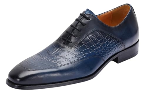 Santimon Mens Elegant Blue Oxfords Leather Dress Shoes - Formal Lace-Up with Crocodile Texture Derby for Business, Weddings & Special Events