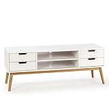 HOMN LIVING Mueble TV Baku 2 cajones y 1 Puerta Blanco, Madera Maciza, 140 cm (Ancho) 40 cm (Profundo) 52 cm (Altura)