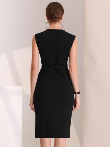 Image of Allegra K Business Dress for Women's Pencil Sheath Work Dress | V Neck Knee-Length Sleeveless Dress With Belted
