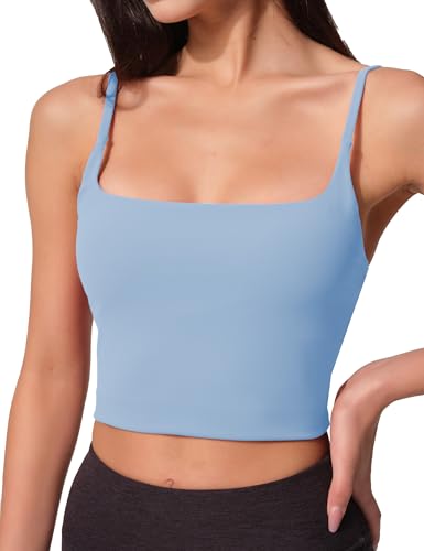 Image of Womens Scoop Neck Longline Sports Bra U Back Adjustable Strap Double Lined Workout Crop Tank Top with Built in Pads