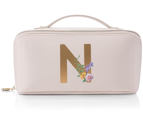 VLANDO Makeup Bag,Travel Toiletry Bag,Cosmetic Bag for Women PU Leather Portable Make up Bag for Skincare, Brushes & Travel Essentials-Toffee 0.53lbs