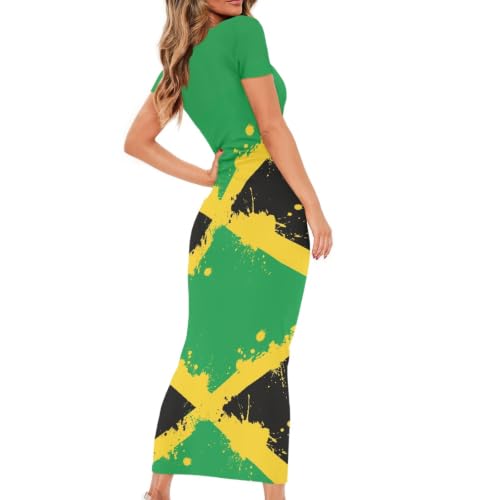 Image of Womens Short Sleeve Jamaican Flag Midi Bodycon Dress