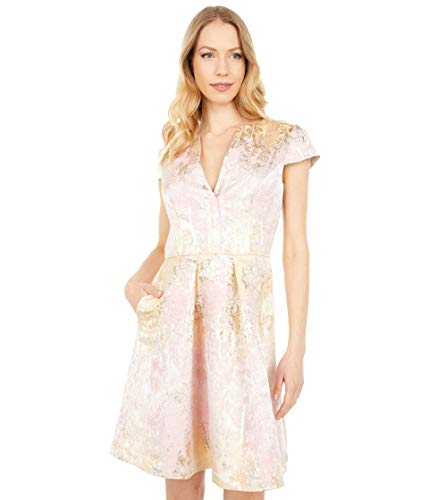 Image of Vince Camuto Jacquard Notch Placket Cap Sleeve Fit-and-Flare
