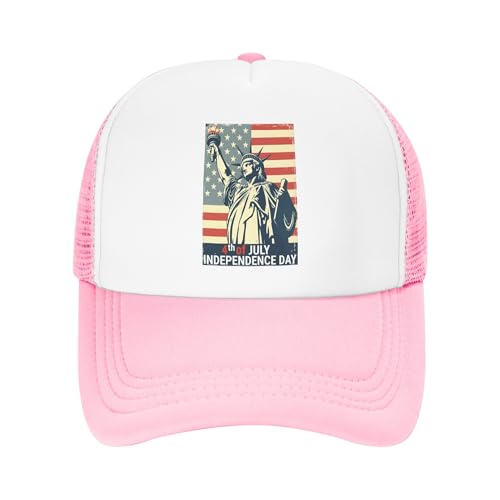 Happy 4th of July Statue of Liberty Trucker Hat Independence Day Patriotic Baseball Cap Mesh Back Adjustable Hats for Kids - Pink