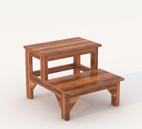Image of CRAFT D ARTS Solid Sheesham Wood Double Step Stool for Kitchen | Two Step Stool for Adults and Kids | Heavy Duty for Kitchen, Bathroom | Honey Finish
