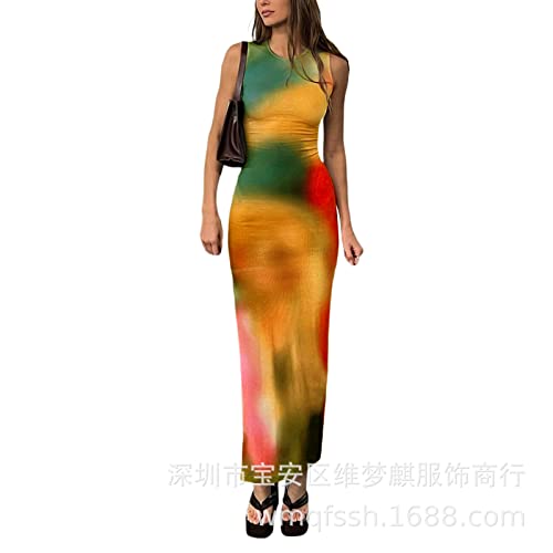 Image of Suillty Women Y2k Tie Dye Tank Dress Sleeveless Bodycon Long Dresses Printed Slim Fit Summer Maxi Dress Sundress