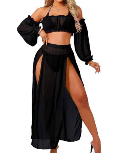 ChiaoLezhee 2 Piece Cover Up Dress, Off Shoulder High Slit, Vacation Pool  Party, Sheer Mesh Skirt Sets Sexy Bikini Coverup Miami Bohemian Boho Outfits  Swimsuit Beach, Black, Small at Amazon Women's Clothing