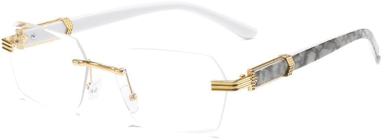 Ink Wash Painting Glasses Rimless Edge-Cut Frame with Patterned Temples Non-Prescription Fashion Eyewear