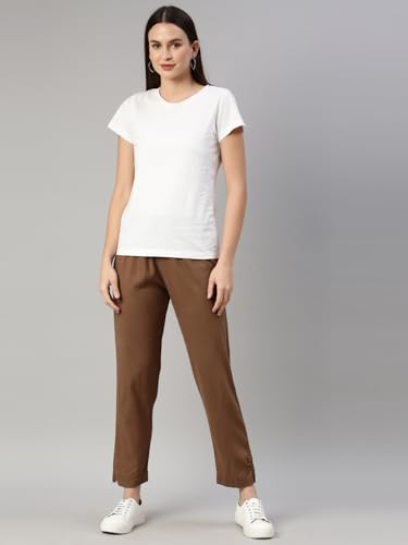 Image of MINELLI Women Solid Cigar Pants, Cotton Lycra Slub Fabric, Elasticated Waistband, Pull On Style, Regular Fit Bottom Wear for Western and Ethnic Wear