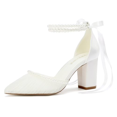Block Heel Wedding Shoes for Bride Pearl Heels Bridal Shoes Closed Toe Wedding Heels