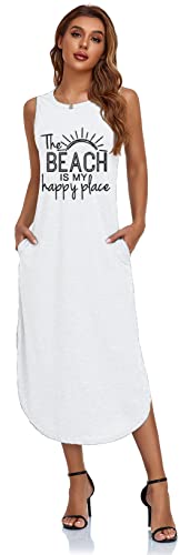Image of Women's Casual Beach Summer Dresses Sleeveless Graphic Long Sundress Cover Up Dresses with Pocket