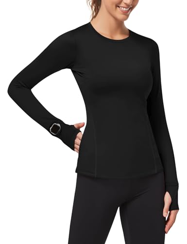 Loovoo Thermal Shirts for Women Long Sleeve Workout Tops Crewneck Fleece Base Layer Running Athletic Tee with Zipper Pocket