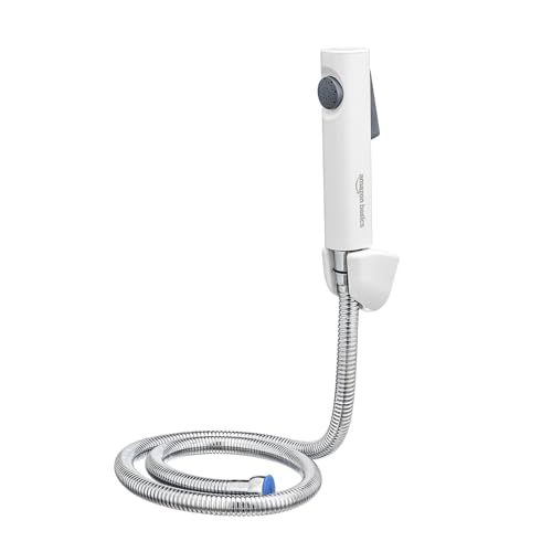 Image of Amazon Basics Health Faucet for Bathroom, White Coated ABS Plastic Body with 1 Meter Stainless Steel Flexible Hose Pipe and Wall Hook, White, Jet Spray for Toilet
