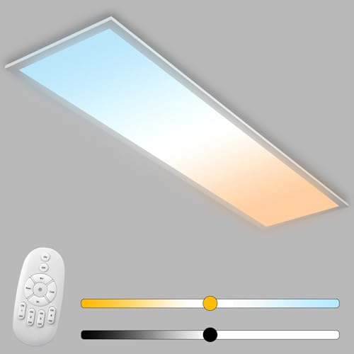Plafonnier LED 120x30 cm Omdekor : panneau aluminium dimmable avec télécommande pour salon