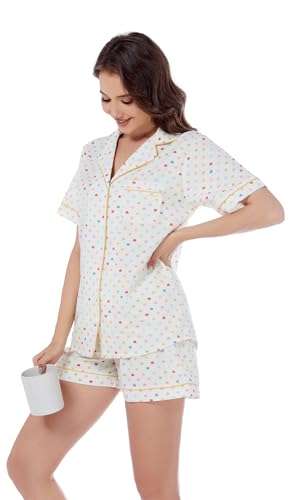 Image of LUBOT 100% Cotton Pajamas for Women 2 Piece PJ Set Poplin Woven Lightweight Ladies Button Short Sleeve Sleepwear S-XXL