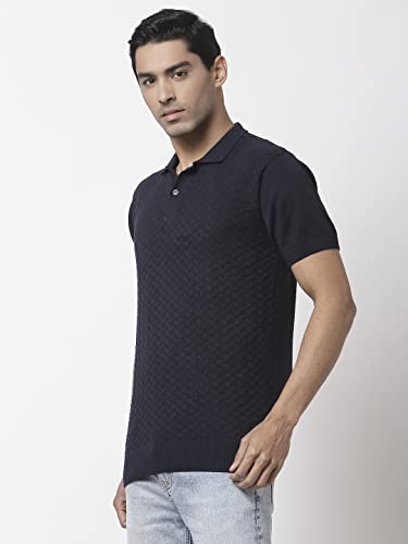 Image of Style Quotient Men Navy Blue Self Design Tshirts